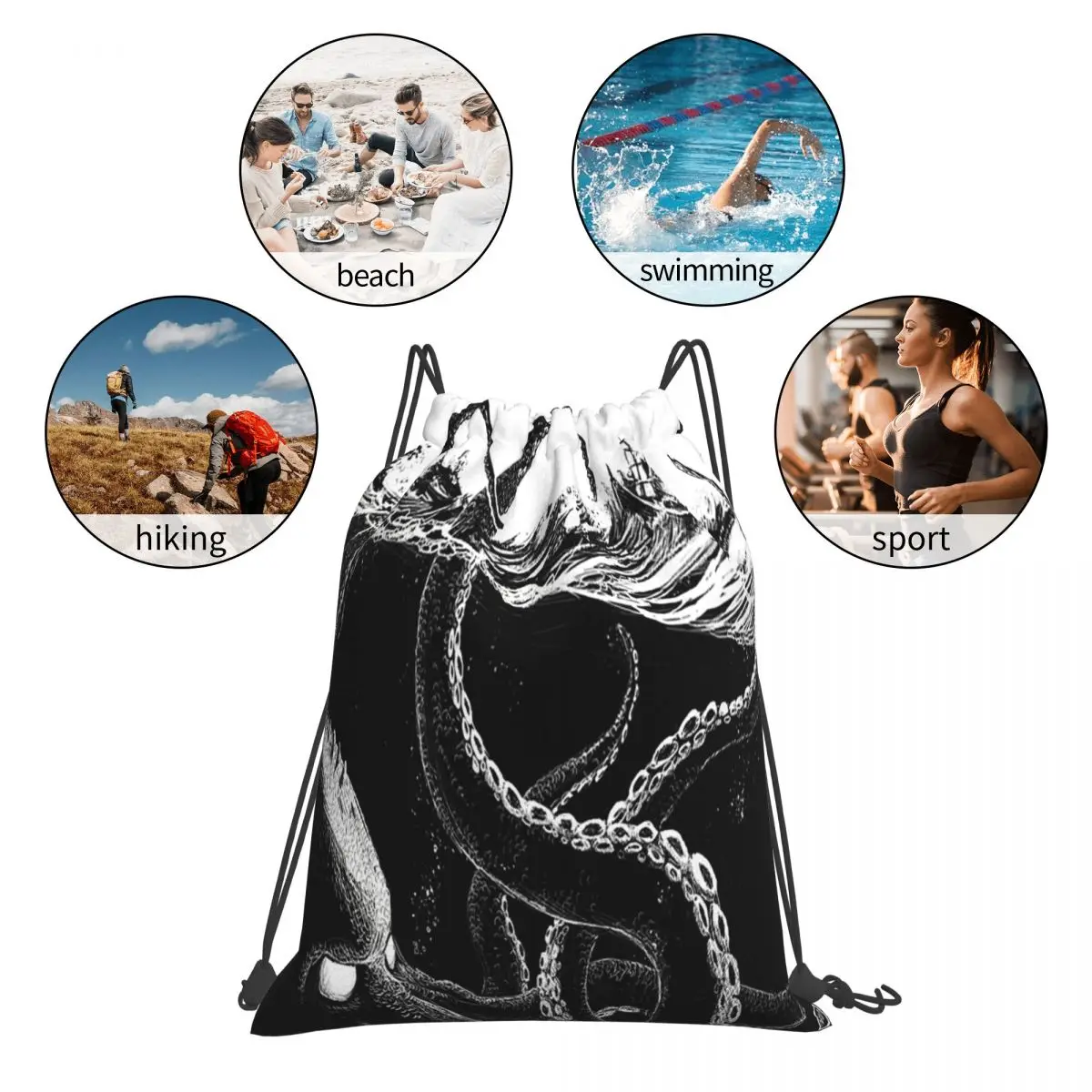 Kraken-Sacos de cordão portáteis casuais para homens e mulheres, bolsa de praia, bolso, bolsa esportiva, sacos de livros, regras do mar