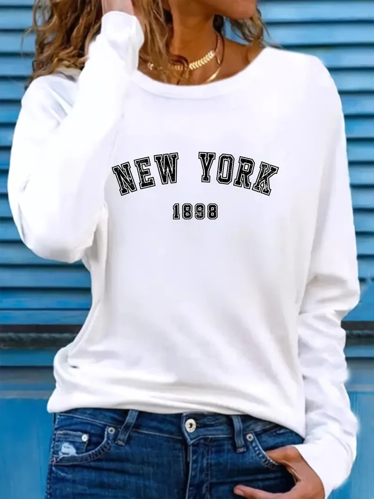 Loose Fit Women Round Neck New York Printing Long Sleeved Shirts Individualized Casual Blouse Comfortable Female Soft Clothing