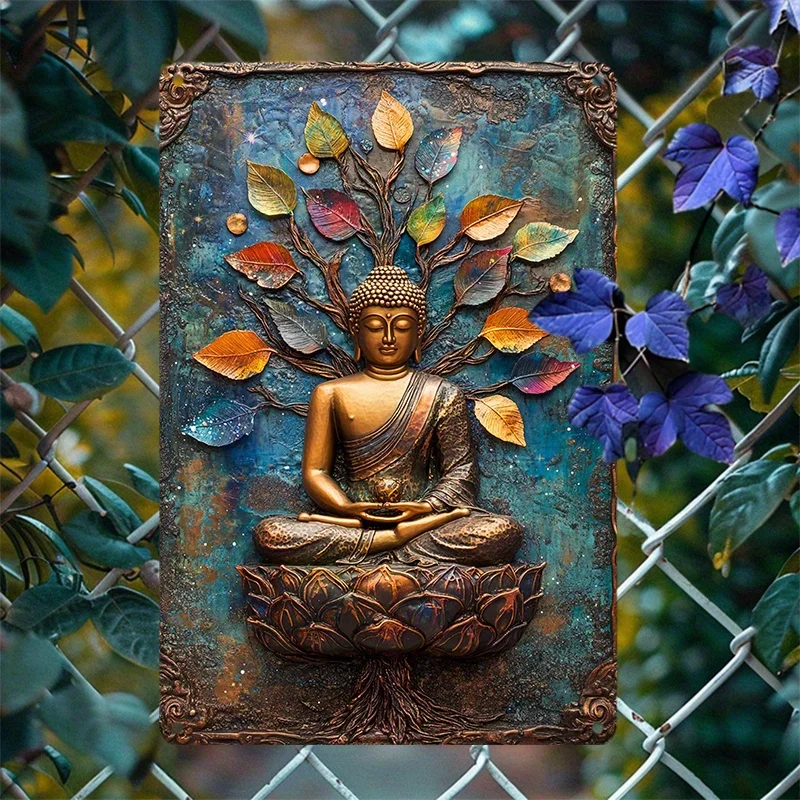 

2D 1pc Rustic Aluminum Buddha Meditation Metal Wall Art, Vintage 8x8 Inch Tin Sign for Living Room, Bedroom, Dining Room Decor