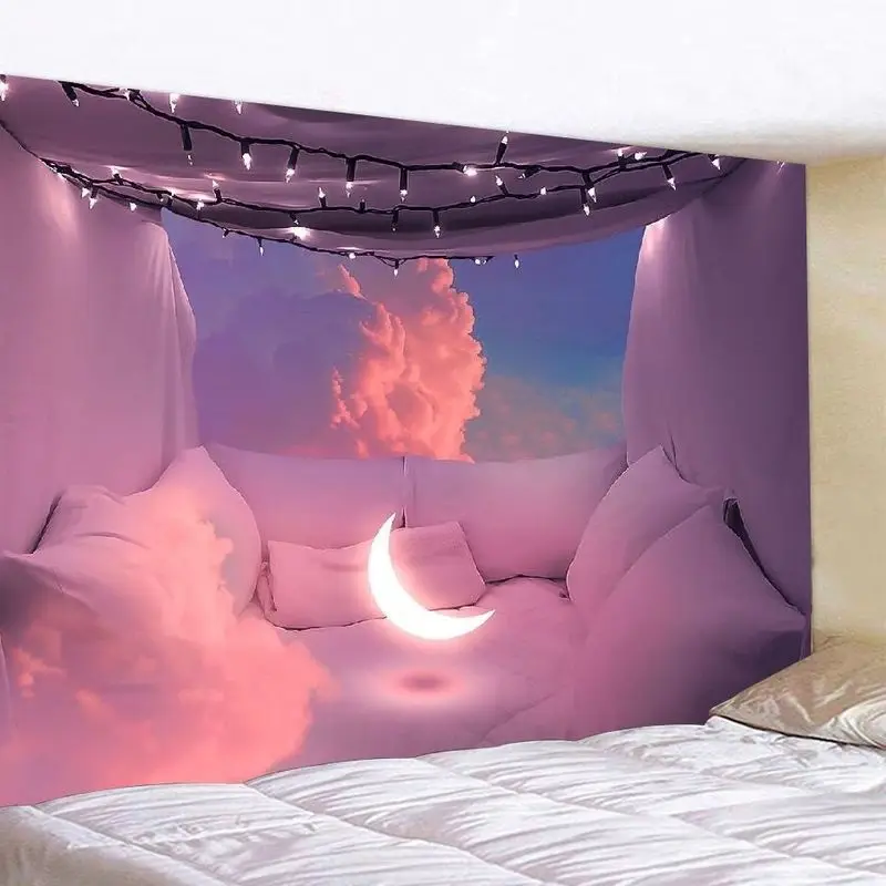 VIKAMA Cloud Crescent Tapestry Pink Purple Cloud Sea Dreamy Sofa Bent Moon Background Cloth Warm Tapestry Room Decoration