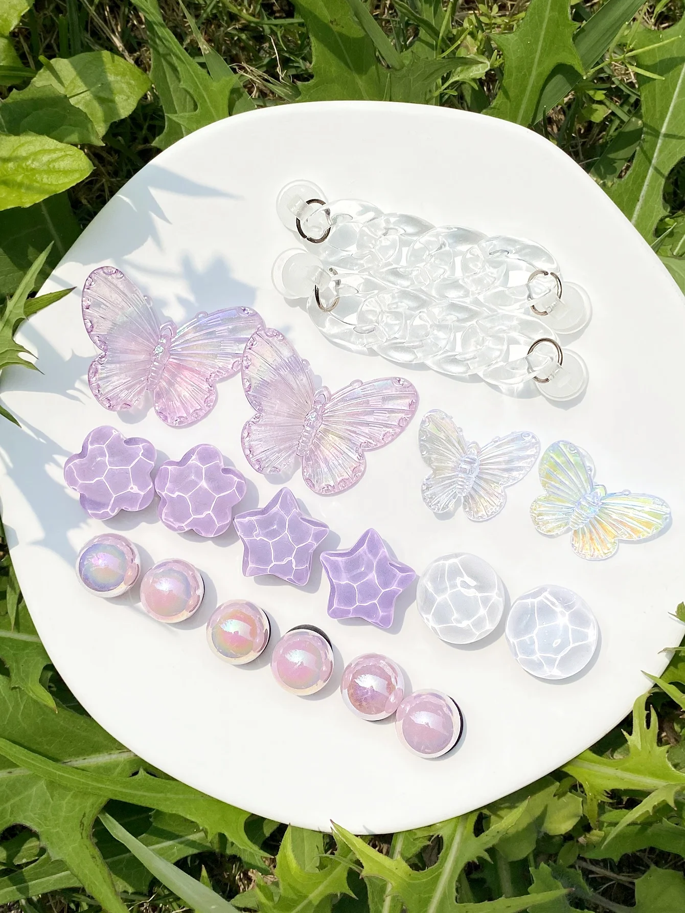 18 ชิ้นโซ่โปร่งใส,ผีเสื้อสีม่วง,ระลอกน้ําดาว,ดอกไม้,ผีเสื้อสีขาว, สีชมพู ABS Pearl รองเท้าหัวเข็มขัด DIY dec