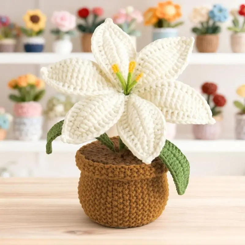 Crochet Lilies Potted Plant Ornament Handcrafted Knitting Flower Pot Home Decors No Maintenance Needs Perfect Party Gift D2RD