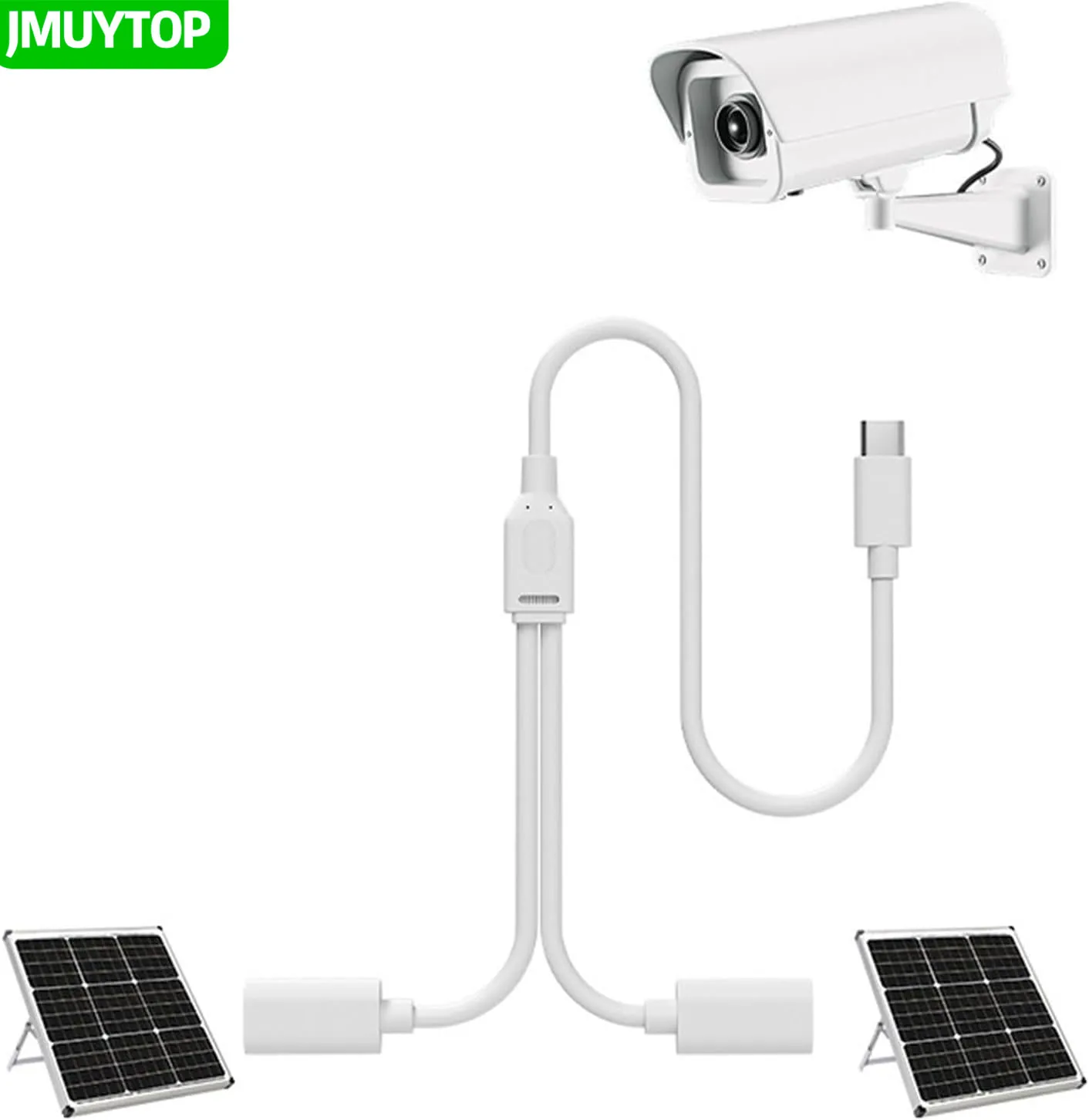 JMUYTOP Solar Powered Security Camera Power Cable Type C Splitter 5V 2A Outdoor Double Solar panel Camera Charging Cable 40CM