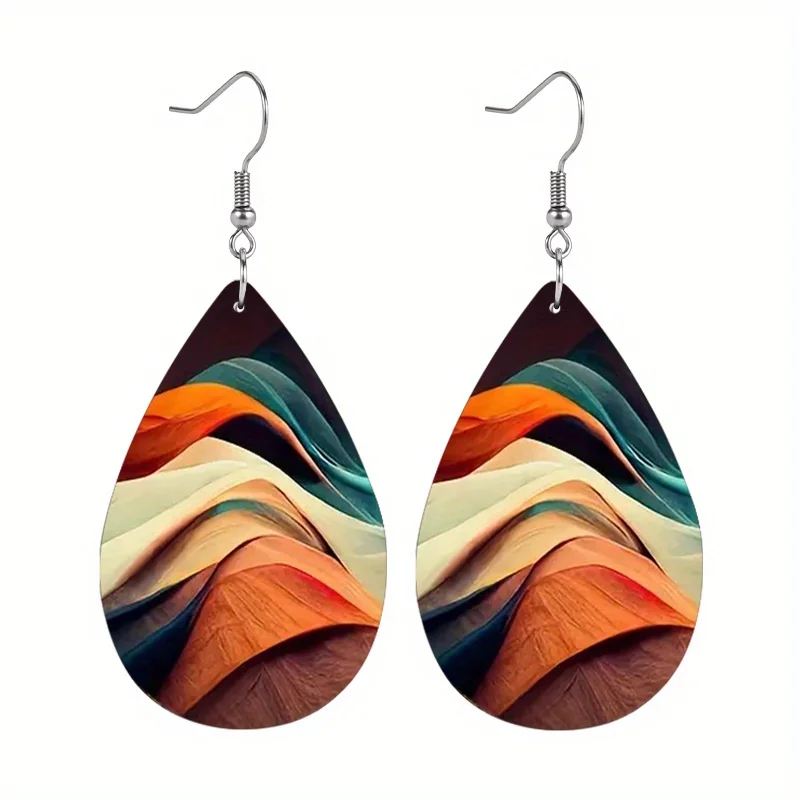 1 Pair Trendy Leather Earrings for Women Abstract Painting Colorful Mountain/Swirl/Marble/Ocean Pattern Drop Earrings for Women