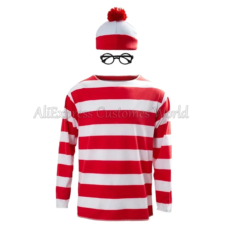 EE01 Unisex Wheres Waldo Cosplay Costume Wally Cos Red White Striped Shirt Shirt Glasses Hat For Adults Christmas HalloweenIo0！