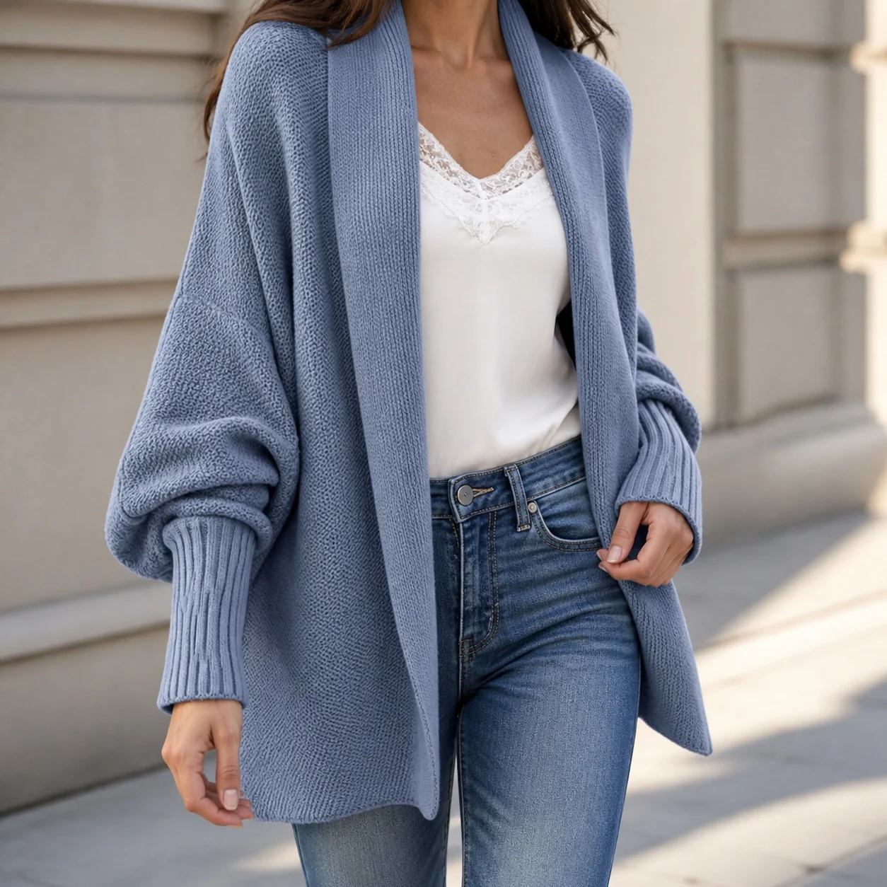 Women's Long Batwing Sleeve Loose Fit Off Shoulder Plaid Cardigan with Shawl Collar 3D Detail Medium Weight Streetwear No Button