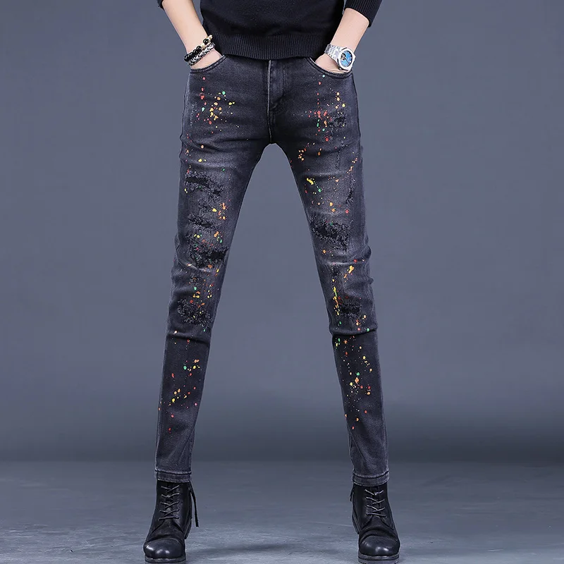 

Dots Printed Ripped Black Jeans Men Autumn Gray Black Slim Fit Straight Pants Streetwear Casual Stretch Denim Trousers