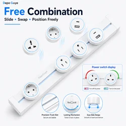 Power Track Socket EU/FR/Italy/Israeli USB Type-C Round Romovable Adapter Home Kitchen Wall Mounted Universal Electrical Outlet