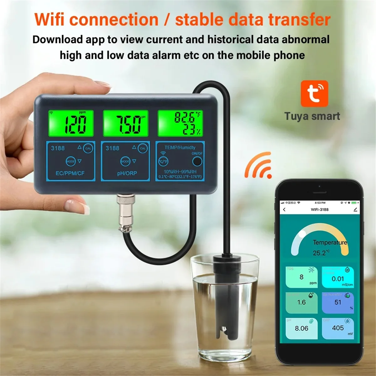 A79G WiFi Tuya Smart Monitor Fish Tank Aquarium SPA Pool Online Water Quality Meter PH ORP EC PPM Humidity Tester US Plug