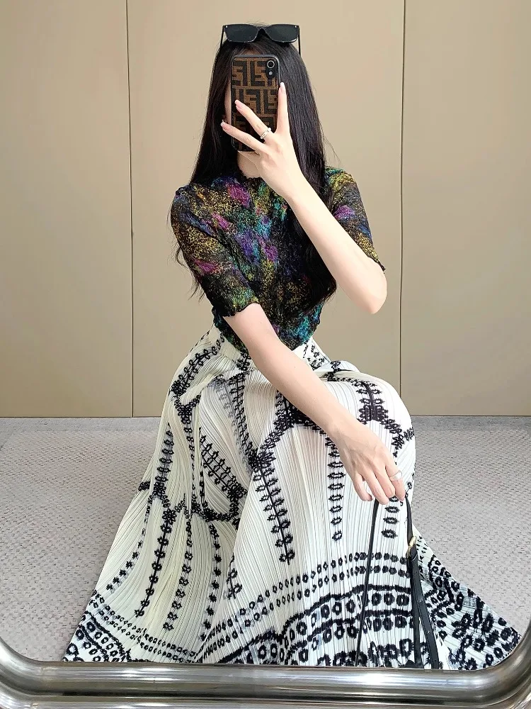 Miyake Falda plisada de estilo étnico Retro para mujer, novedad de verano, falda larga versátil adelgazante con estampado de cintura alta