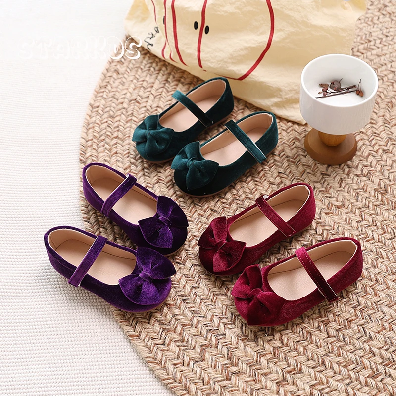 الكلاسيكية Bowknot المخملية الباليه الشقق الفتيات الرجعية الأحمر الأخضر القطيفة ماري جين أحذية طفل رضيع الخريف فستان الأميرة Zapatos
