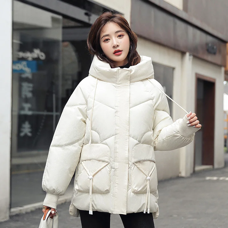 

Fresh Winter Down Cotton Jacket Women's Short 2023 Loose Bread Simple Flash Stand Collar Parkas