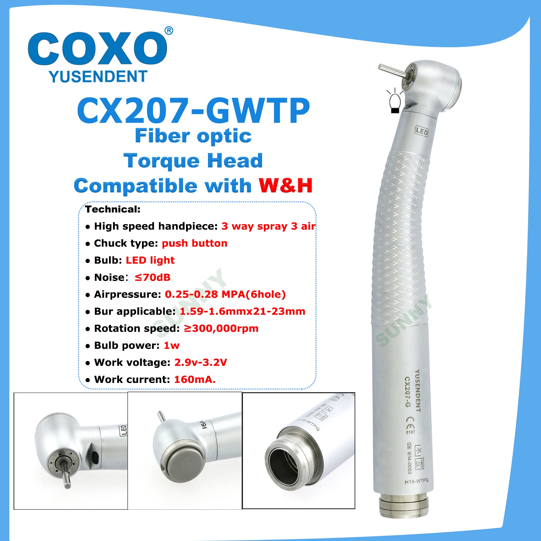 COXO Dental Handpiece Fiber Optic High Speed Handpiece Air Rotor Standard/Torque Big Head LED Coupler 6 Pin Fit WH Turbines