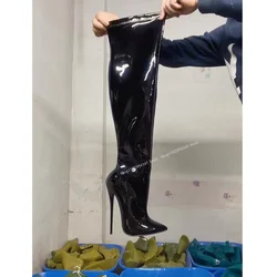 Black Glitter Laether Knee High Boots Thin High Heel Pointed Toe Fashion Sexy 2025 Winter Big Size Woman Shoes Zapatillas Mujer
