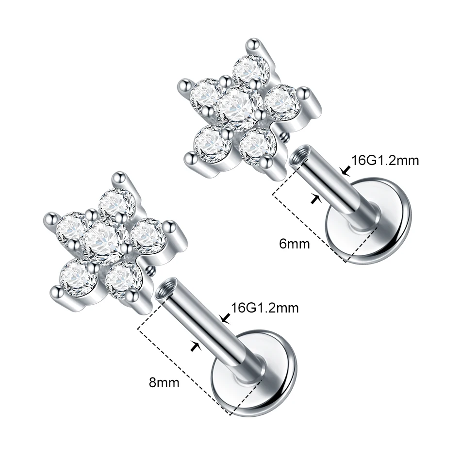 1PC 16G Tiny Flower CZ Stud Earring Tragus Helix Rook Conch Labret Stud 316L Stainless Steel Flat Back Cartilage Piercing  Women