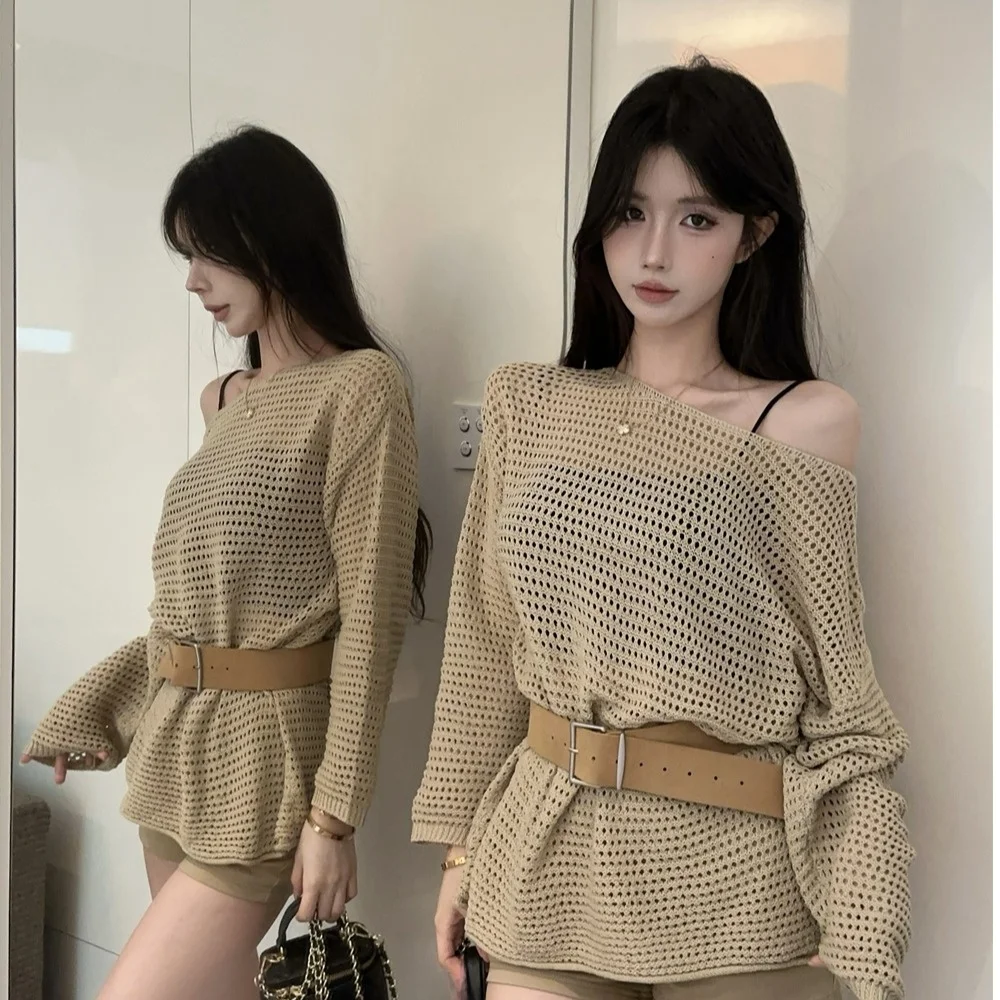 

Свободная посадка Long Sve Трикотажная юбка с вырезами Низкий круглый свитер Ne Простая летняя модная повседневная одежда