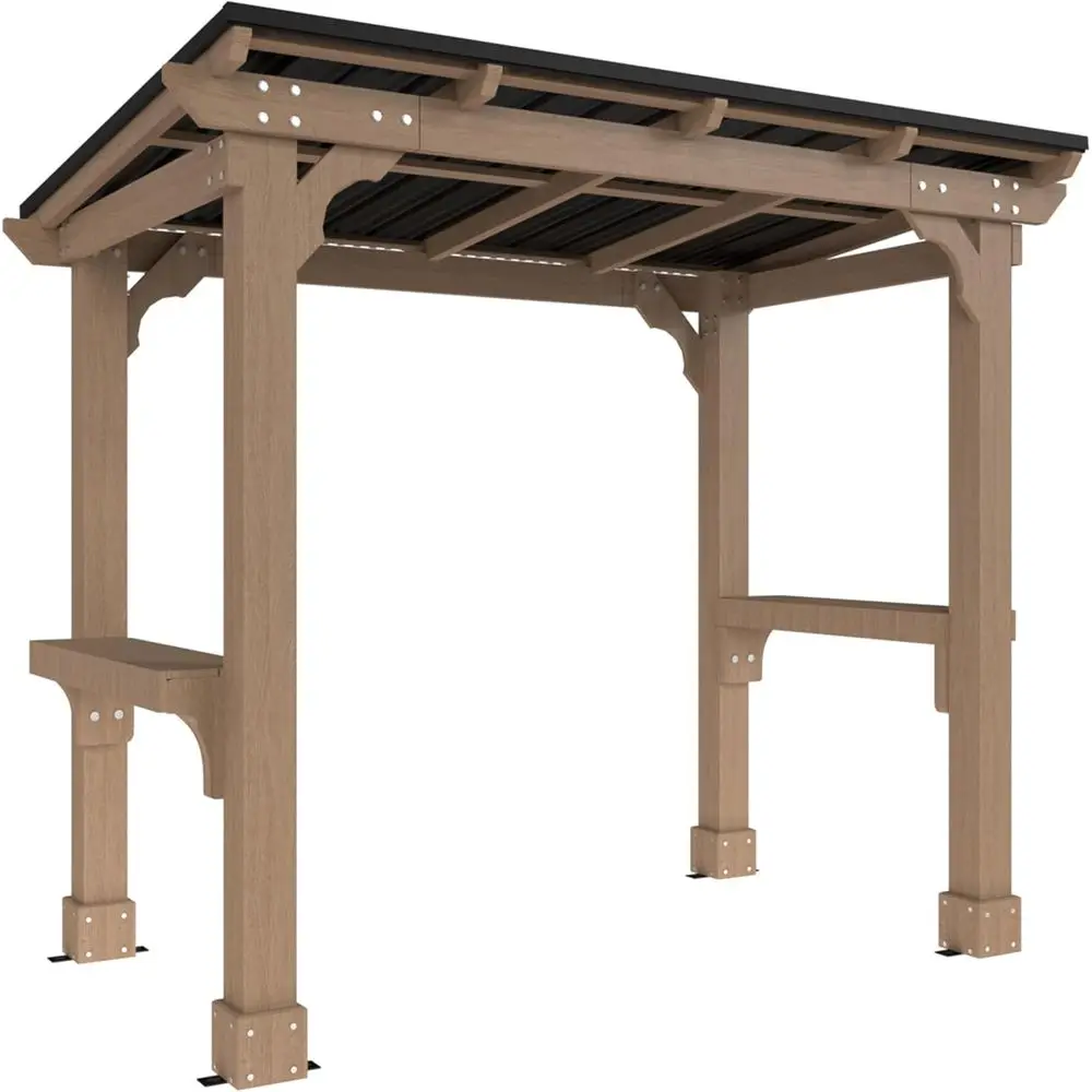 8' x 5' Outdoor Wood Grill Gazebo with Metal Roof, Heavy-Duty, Wind-Resistant, Patio Barbecue Shelter, Light Mocha Brown