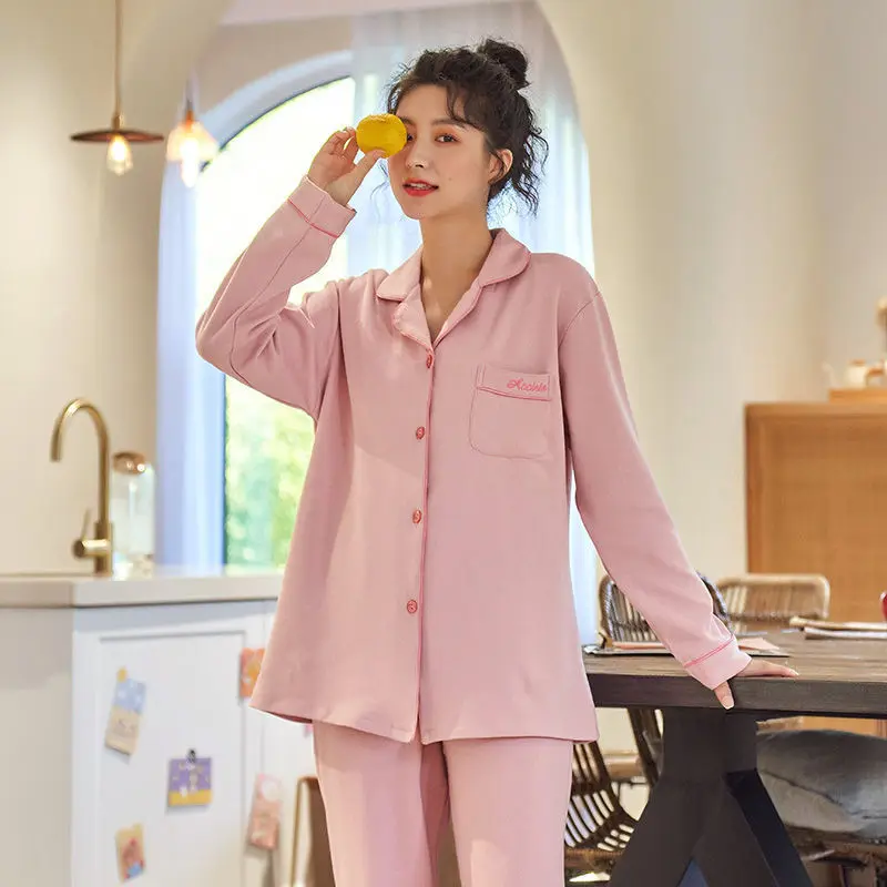 100% Cotton Pijamas Women Spring and Autumn Long-sleeved Set Sleepwear Simple Solid Color Loose Loungewear Two-piece Set