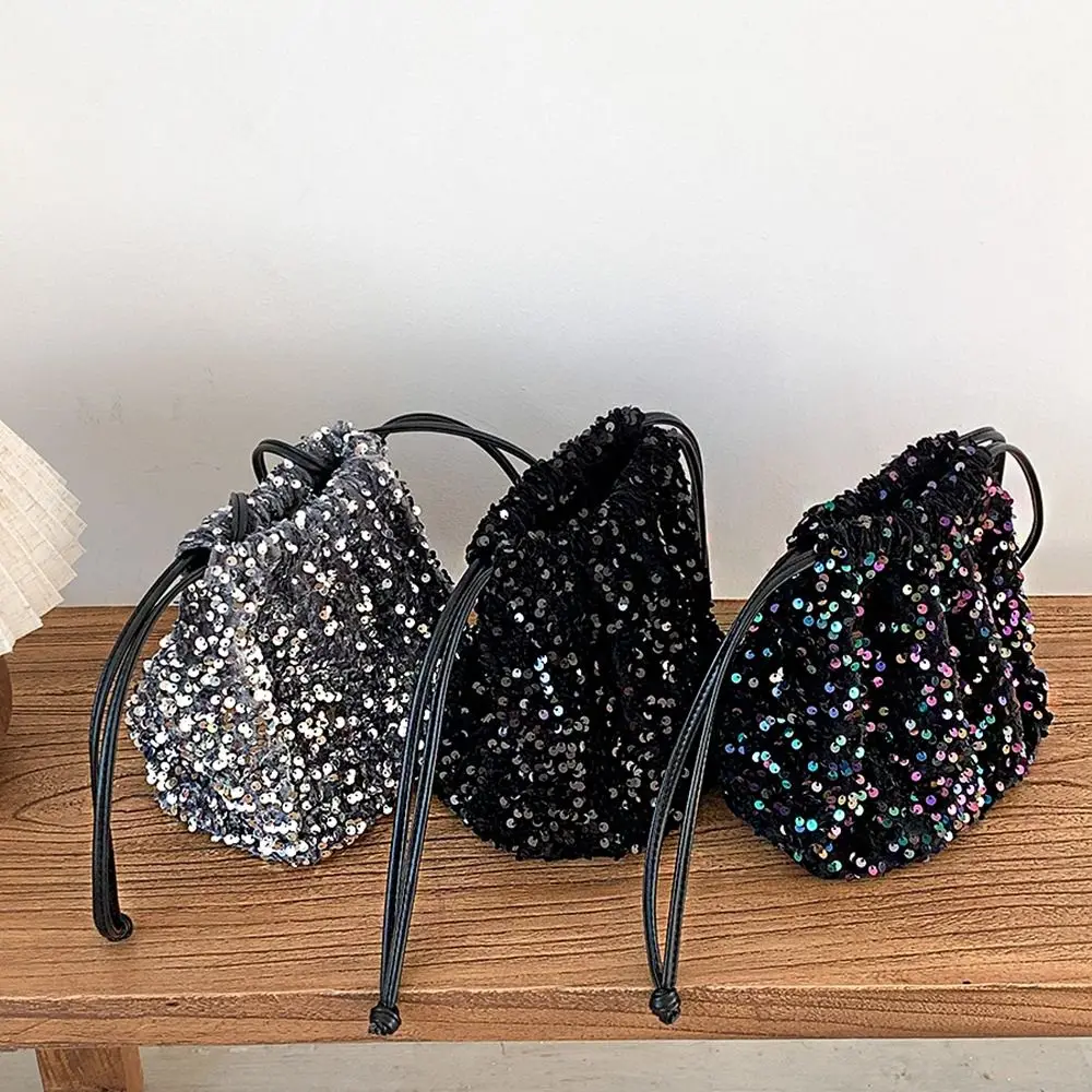 Bolso de hombro con lentejuelas plegables, bolsa de cubo con cordón plateado portátil, bolso de mano pequeño, bolso cruzado de tela para niñas