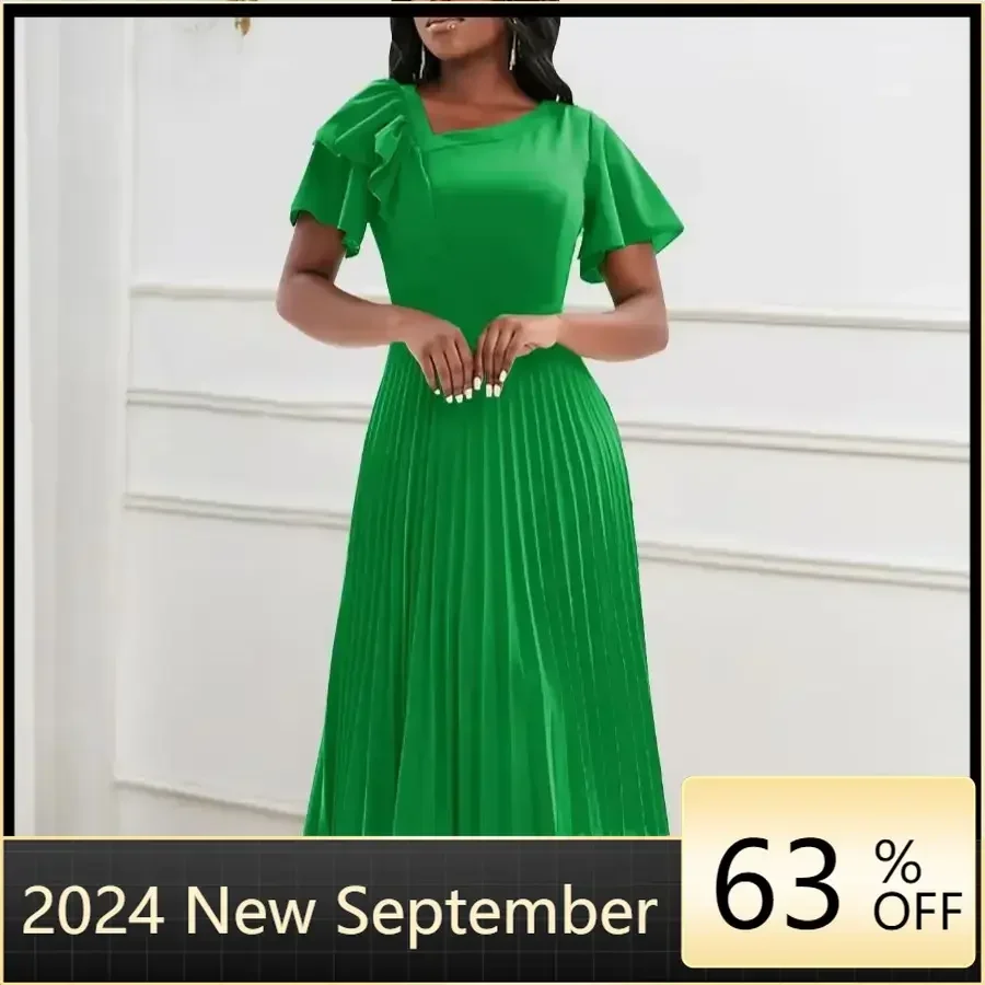 A Line Pleated Midi Dresses for Women Green Slash Neck Short Sleeve High Waist Causal Office Lady Church Party Gowns Outfits