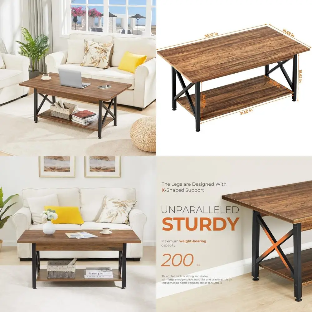 

Modern 39 2-Tier Walnut Coffee Table with Storage, X-Frame Design for Space-Saving Living Rooms, Easy Assembly