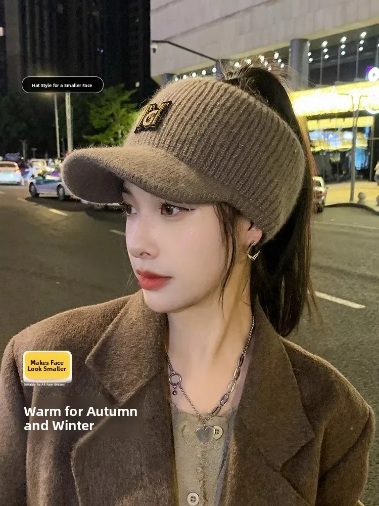 Women's Knitted Woolen Cap Winter Cycling Ear Protection Fashionable All-Match Fleece Warm Empty-Top Ear Cover Trendy
