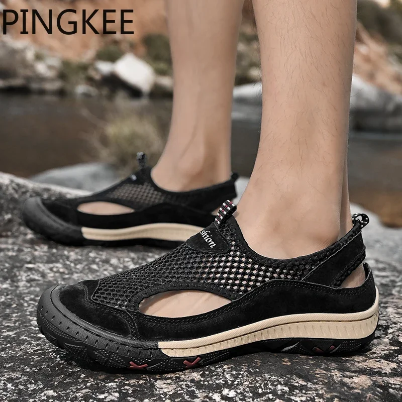 PINGKEE Grip Round Toe Bumper Man Leather Mesh Upper Wading Trail Trekking Backpacking Sneakers Hiking Sandals For Men Shoes