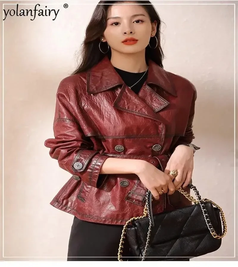 YOLANFAIRY Spring Genuine Leather Jacket Women's Sheepskin Coat Women Short Suit Collar Double Breasted Fashion Leather Clothing