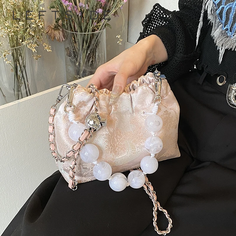 

LEFTSIDE Elegant Beaded Chain Crossbody Bag Women's Drawstring Shoulder Bags with Pearl & Bead Strap Evening Clutch Purse