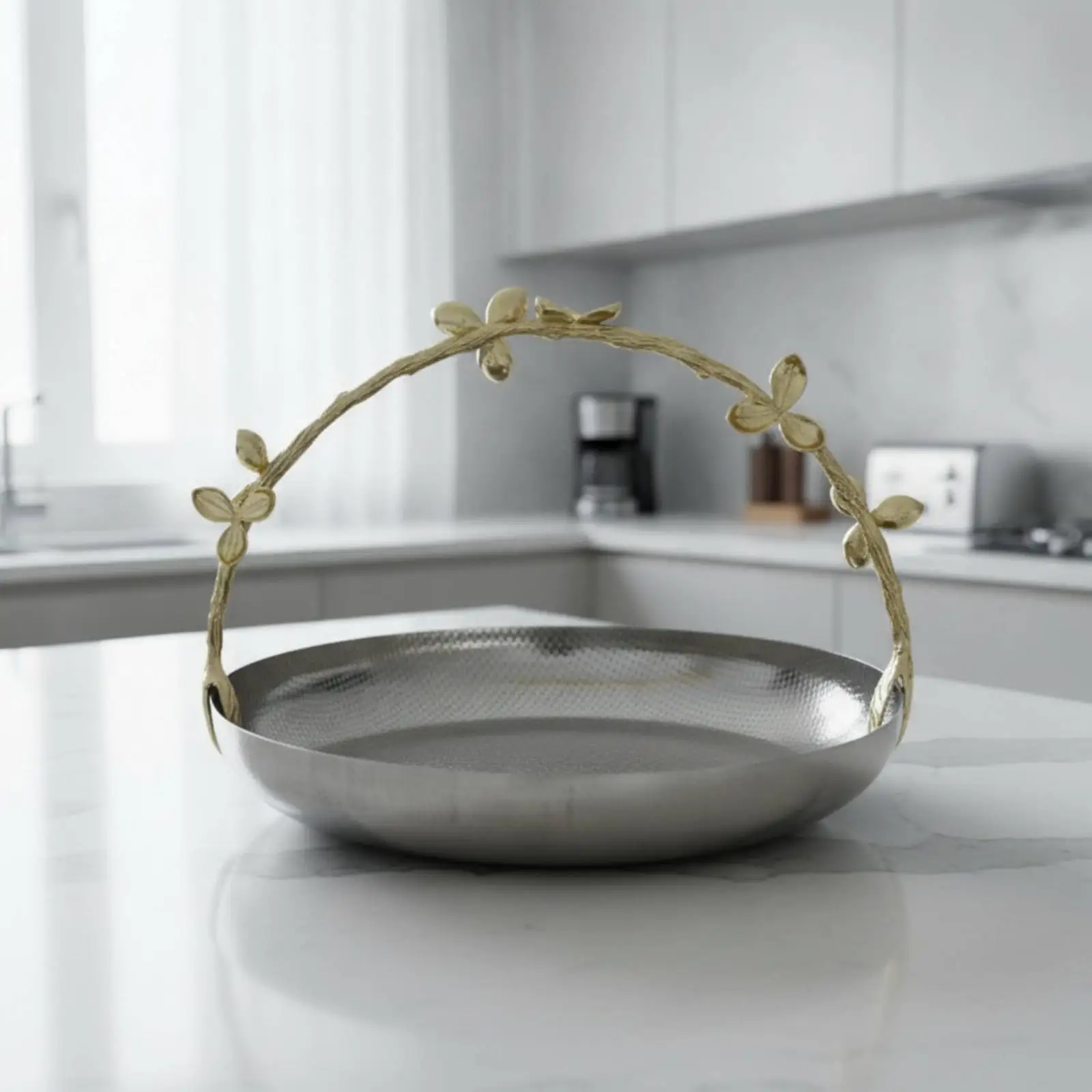 Gold Tone Hammered Metal Fruit Tray with Leaf Embellished Handle for Modern Kitchen Counter Display