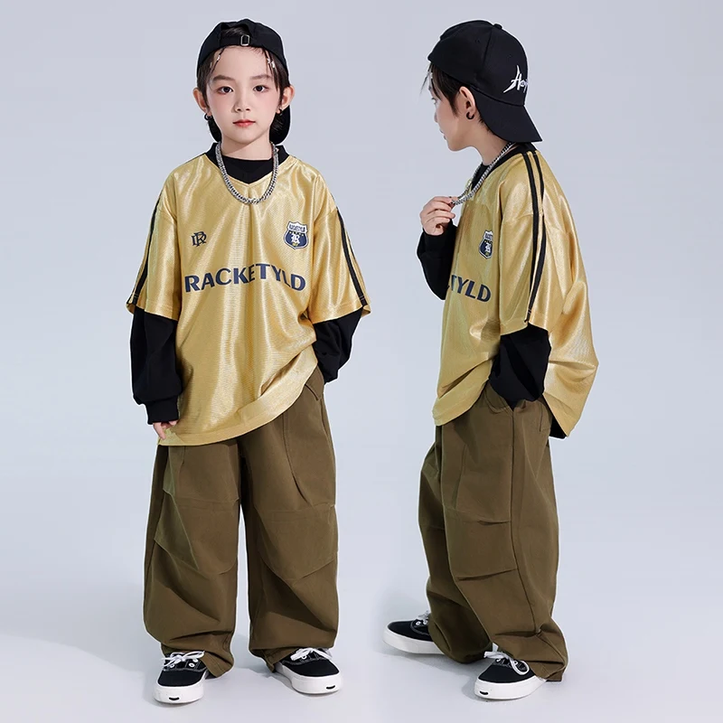 

New Boys Hip Hop Costume Baggy T Shirt Brown Cargo Pants Break Street Dance Performance Clothes Kids Jazz Dance Clothing BL14150