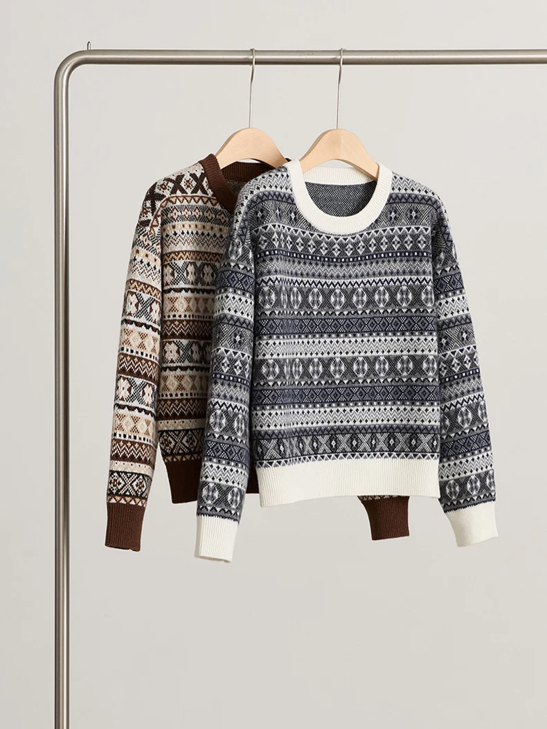 SuyaDream، سترة جاكار نسائية، صوف خروف 100%، رقبة دائرية، بلوفرات دافئة، بلوزة محبوكة لخريف وشتاء 2025، رمادي، بني