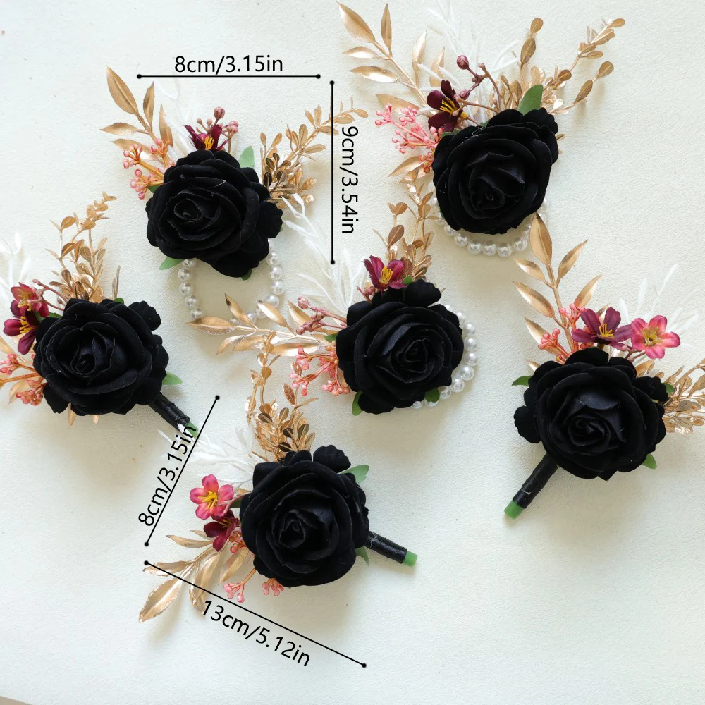 صدرية المعصم السوداء وزهرة العروة على المعصم للعروس وصيفة العروس الزفاف العروة للرجال العريس وصيف الزفاف #2