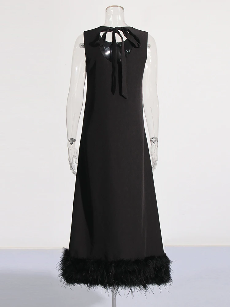 Effen Patchwork Veren Jurk Voor Vrouwen Ronde Hals Mouwloze Hoge Taille Gesplitst Veterjurk Elegante Jurken Dames Nieuw