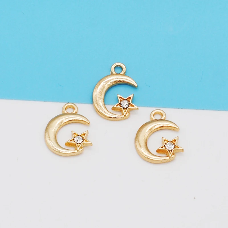 30PCS/Lot New Fashion Jewelry KC Gold Color Tone Moon&Star With Rhinestone Charm For DIY Jewelry Making Earring Accessories