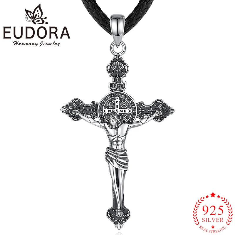 Eudora 925 Sterling Silver Jesus Necklace St. Benedict's Cross Vintage Amulet Pendant Religious Jewelry Gift for Men Women