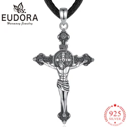 Eudora 925 Sterling Silver Jesus Necklace St. Benedict's Cross Vintage Amulet Pendant Religious Jewelry Gift for Men Women