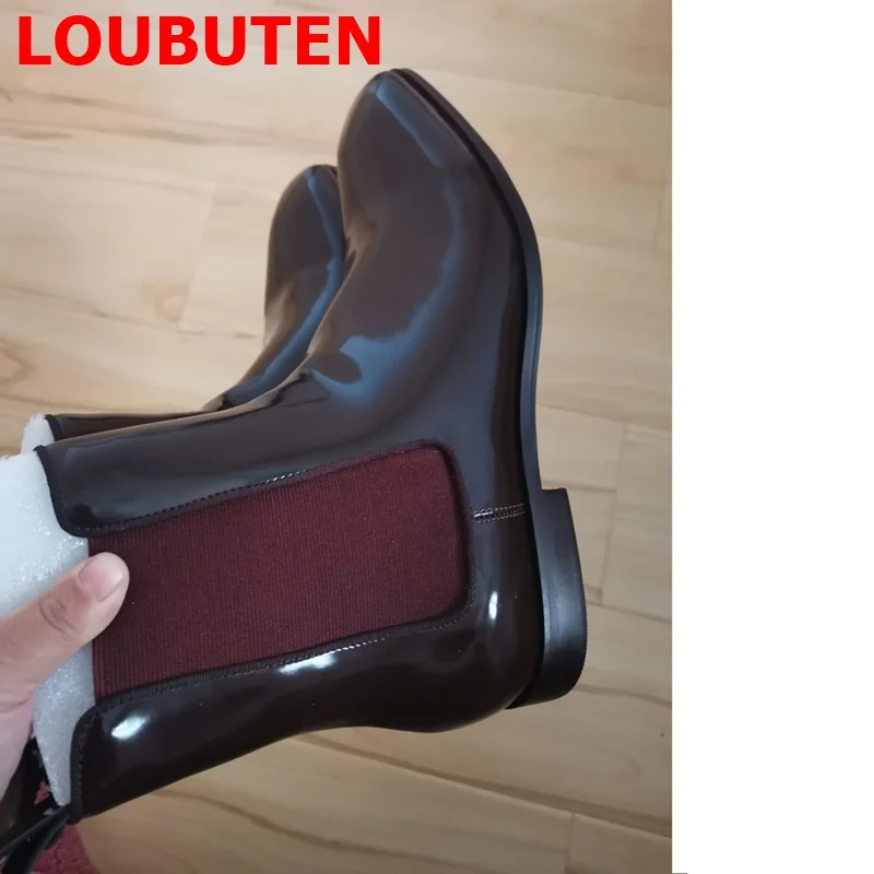 LOUBUTEN Brown Patent Leather Chelsea Boots Shining Real Leather Ankle Boots Spring Autumn Motorcycle Boots For Men