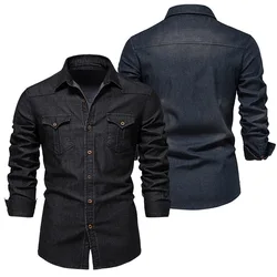 Denim Cotton Elastic 2023 Cowboy Shirt Men Long Sleeve Quality Casual Slim Fit Male Streetwear Pocket Solid Mens Designer Tops