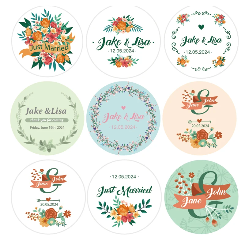 Gepersonaliseerde ronde stickers voor decoratie, huwelijksfeest, zwart romantisch ontwerp, 100 stuks