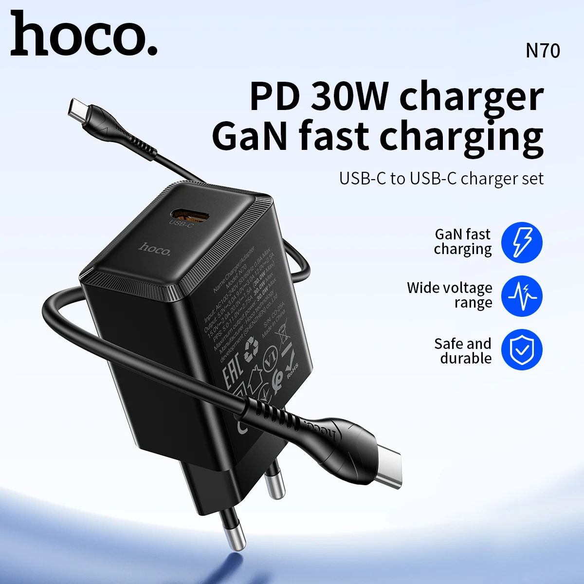 

HOCO N70 PD30W GaN Fast Charger Travel Adapter USB C Phone Charger with Cable Quick Type-C Wall Adapters Portable Charging Head