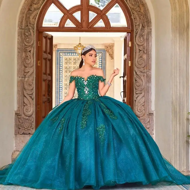 Modern Ball Gowns Quinceanera Dresses for Girls Off the Shoulder Chapel Train Robe Princess Bleu Femme Drop Shipping