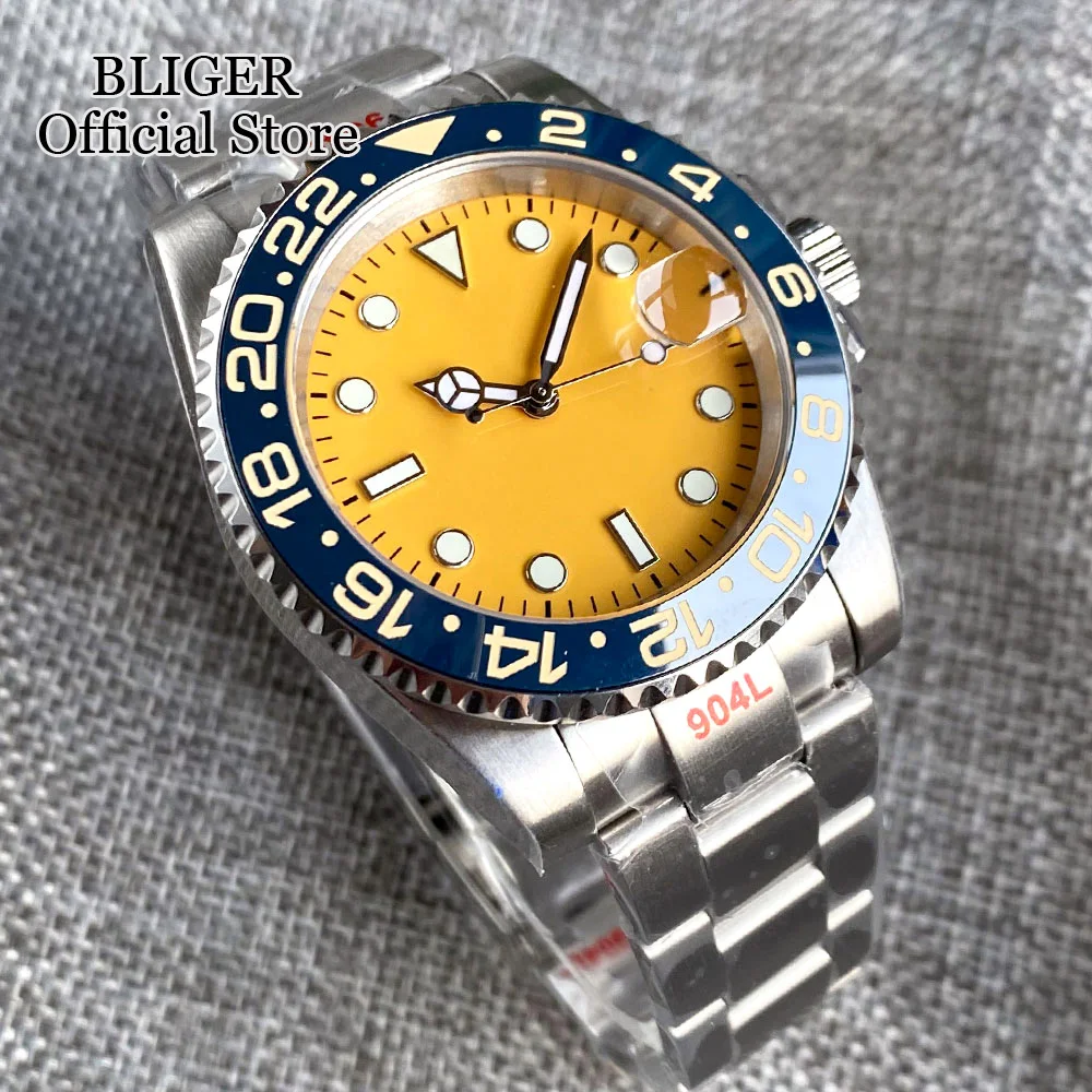 BLIGER 40mm  NH35A Movement Mechanical Automatic Watch For Men Luminous Yellow Dial Ceramics Bezel Insert Steel Bracelet