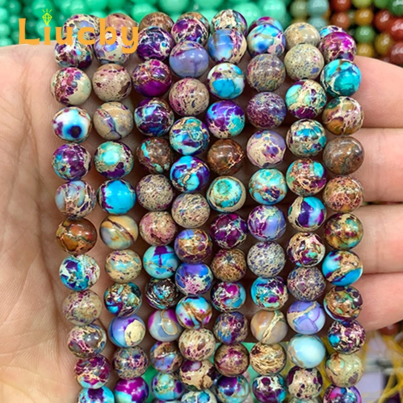 Mieszany kolor kamień naturalny wzorzysty kamień fioletowy niebieski okrągły koralik do tworzenia biżuterii DIY akcesoria bransoletka 15 "Cal 4/6/8/10mm