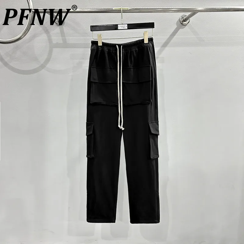 PFNW Darkwear American High Street Black Drawstring Men's Casual Patns Straight Leg Multi-pocket Design Black Trousers 28W5942