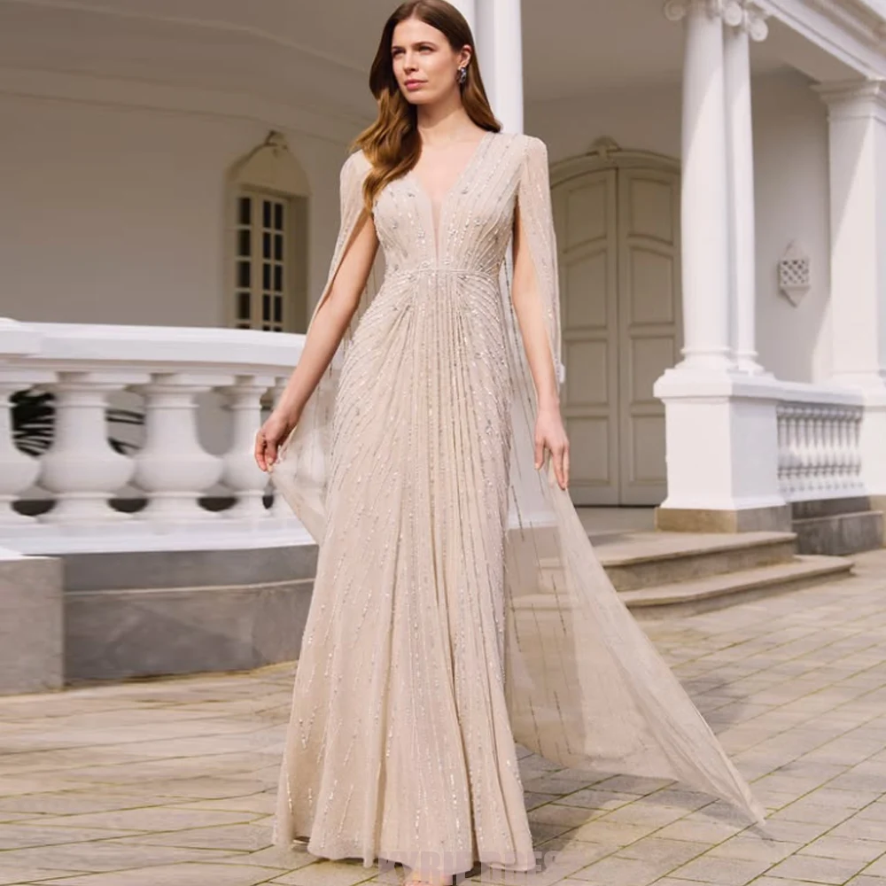 Customized Mother of The Bride Dresses Flowing with Cape V Neck Beading Floor Length A Line Wedding Guest Party Evening Gowns