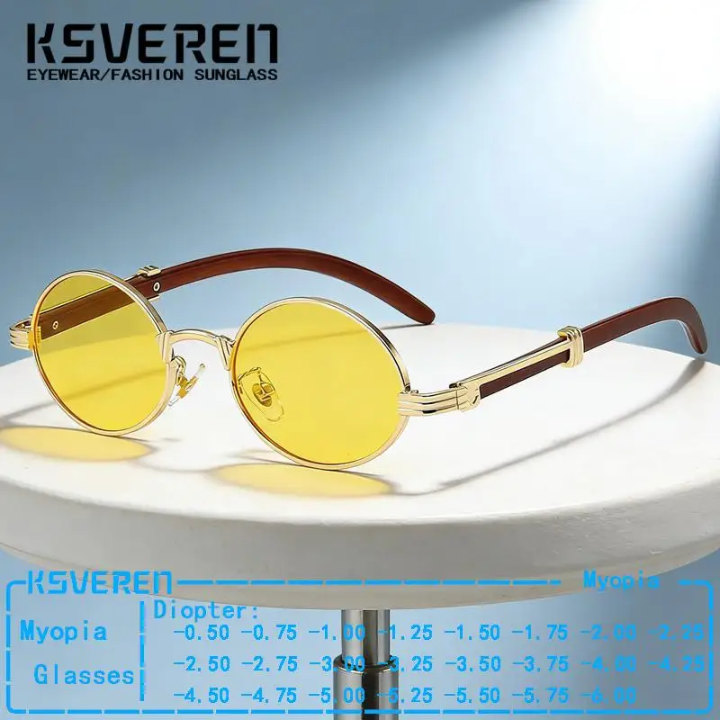 

Imitation Wood Legs Yellow Round Myopia Sunglasses Men Women Retro Finished Prescription Tinted Glasses Sun Shade Eyeglasses