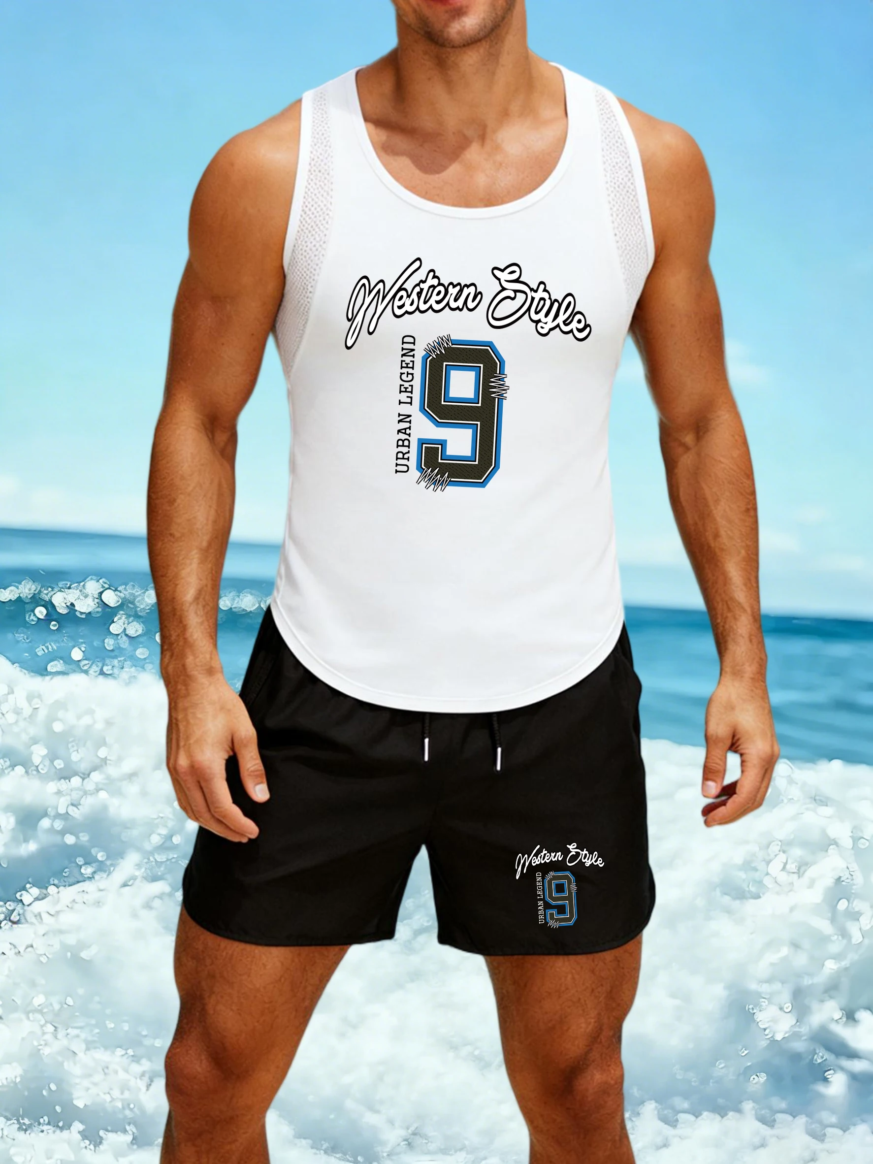 

New York Urban Legend Pattern Men Reticular Vests Set Trendy New Shorts Summer Soft Sleeveless Tee Unisex Basics Sportsuit