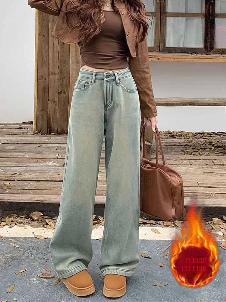 

Ретро джинсы с высокой талией, прямые, на флисовой подкладке, утепленные, женские, зимние, свободные, широкие брюки, повседневные, для работы, стильные