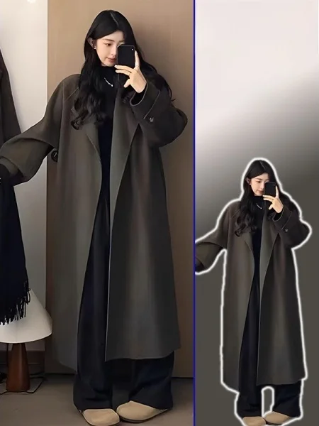 

plus Size Women's Thiened Woolen Coat Korean Sle Hepburn Sle Spring New Faion Classy Outerwear for plus Size Ladies